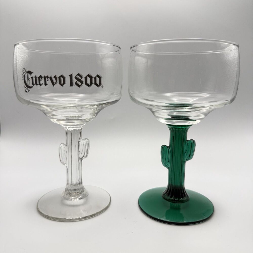 Vintage Libbey & Cuervo 1800 Cactus Margarita Glass Set - 2pc Green & Clear